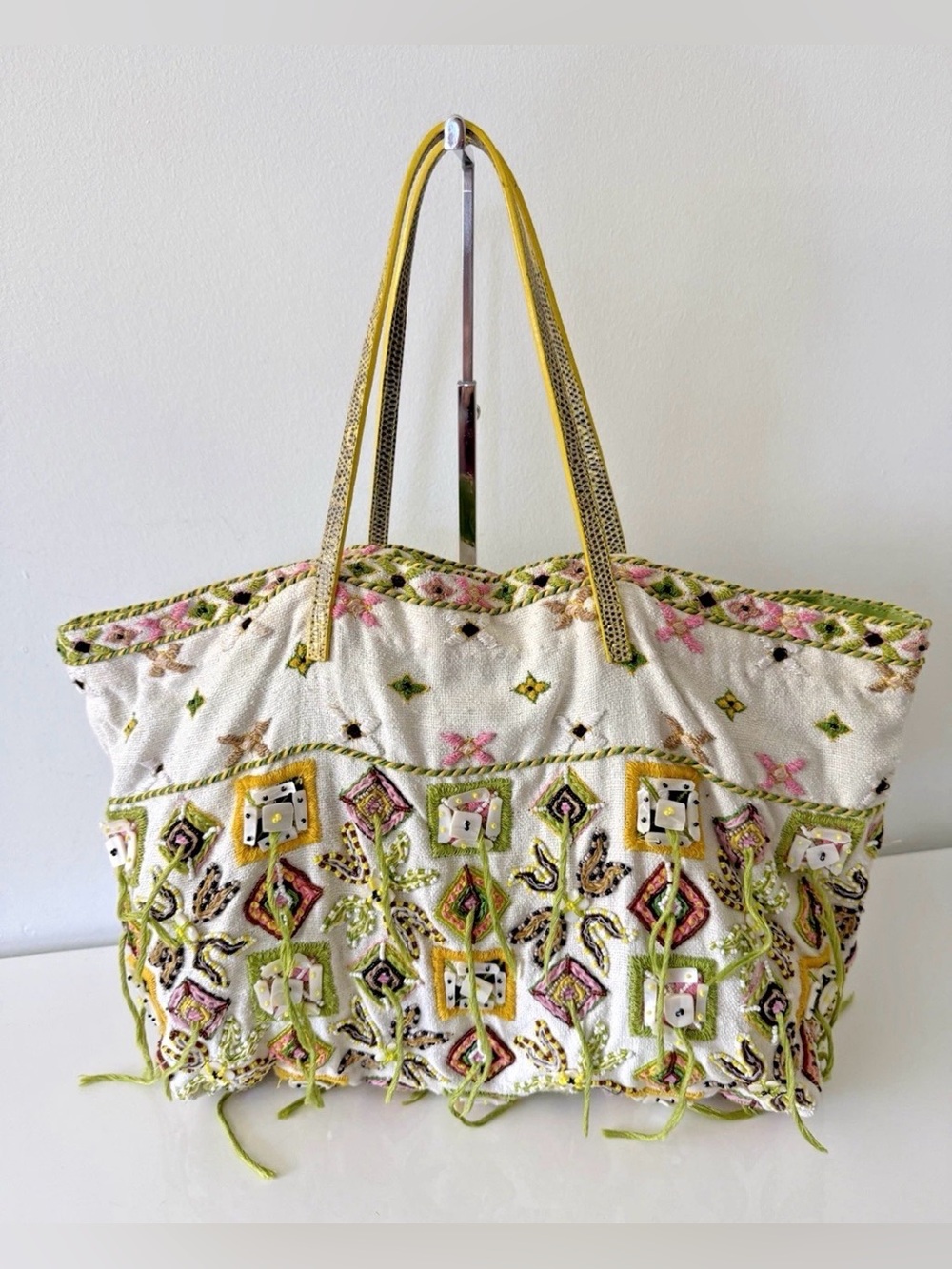 FENDI Vintage Embroidered Beaded Tote Bag Handbag White/Multicolor